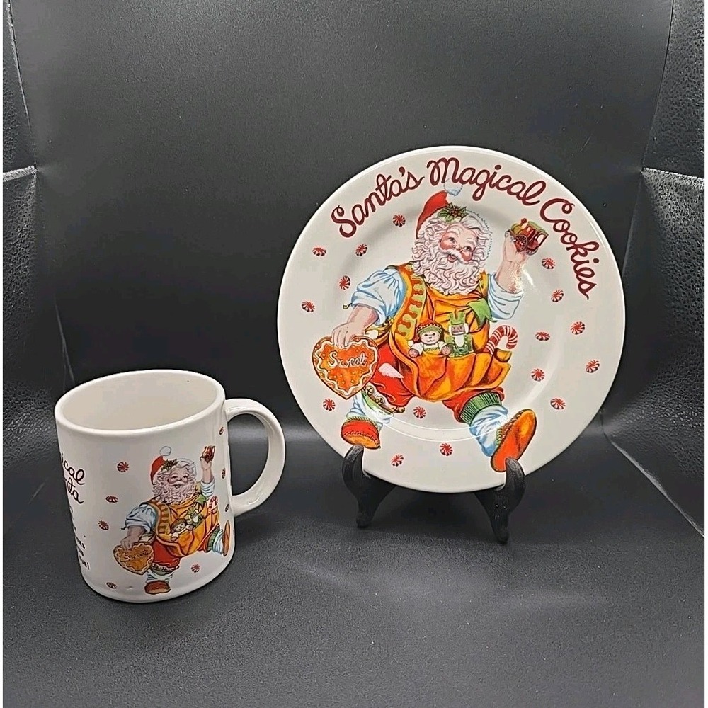 Vintage Santa's Magical Cookies Plate & Cup Genuine Stoneware Set GUC Christmas